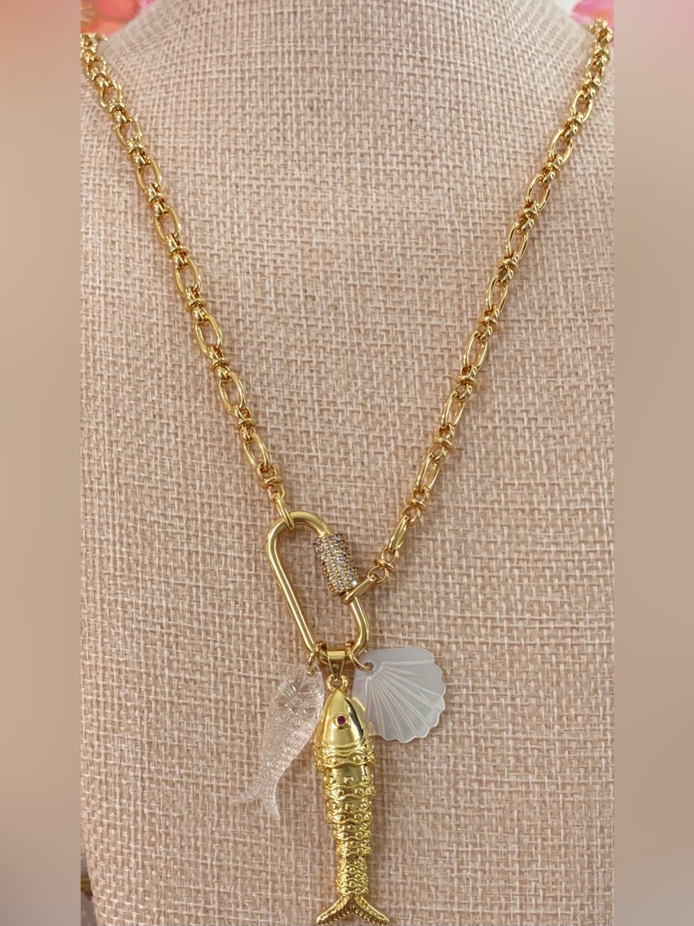 NEW Handmade Gold Plated Fish & Shell Charm Long Pendant Necklace 22” long